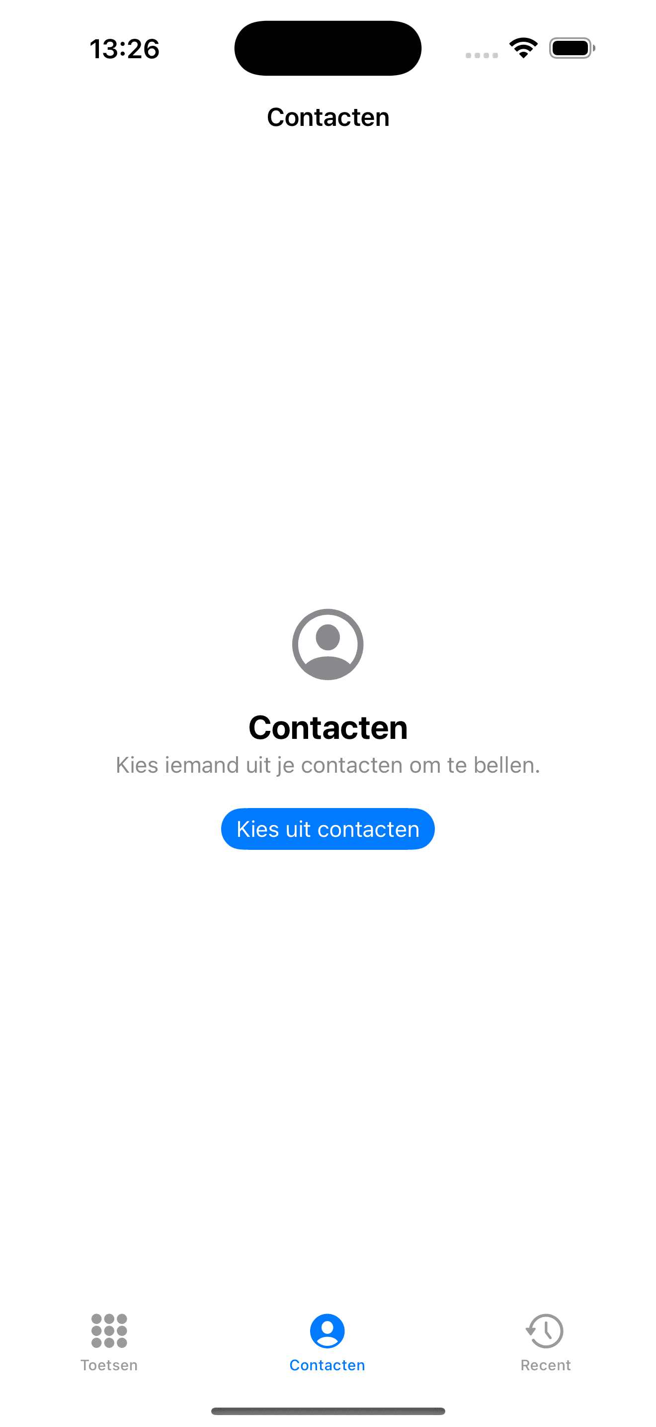 Het contactenscherm in de Bellen-app met de knop om iemand uit je contacten te kiezen