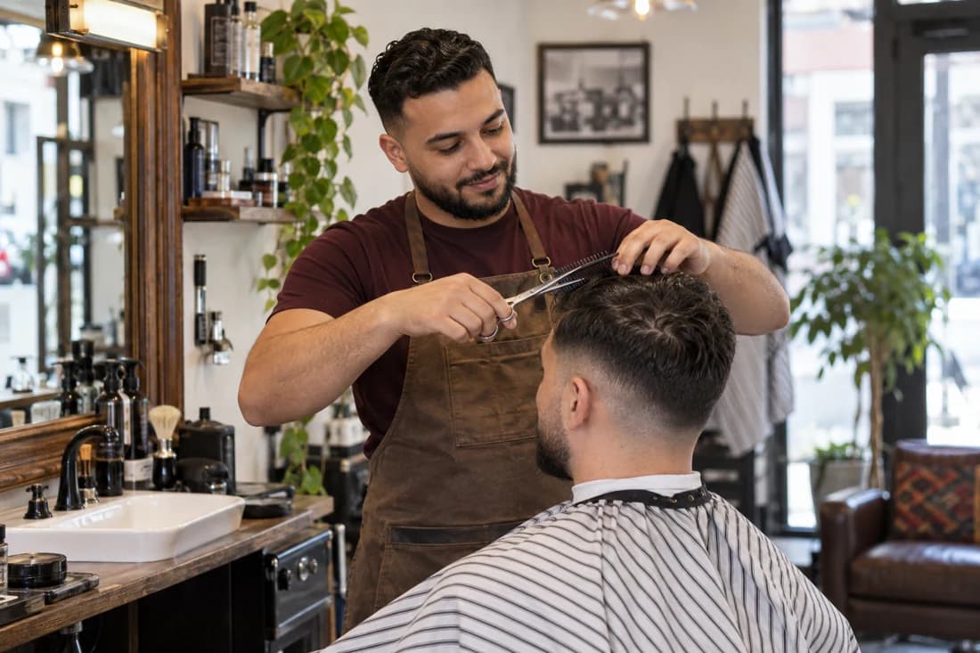 Een jonge kapper met een baard en een bruin schort knipt het haar van zijn klant
