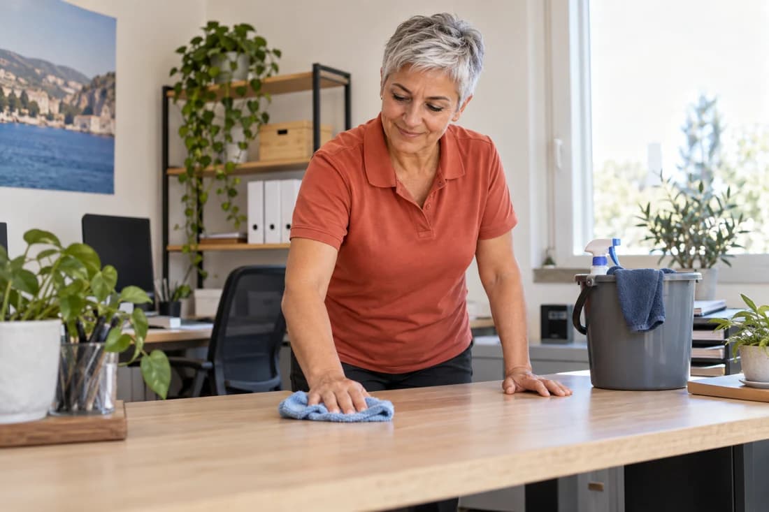 Een schoonmaker met kort zilvergrijs haar en een terracotta polo maakt een werkblad schoon