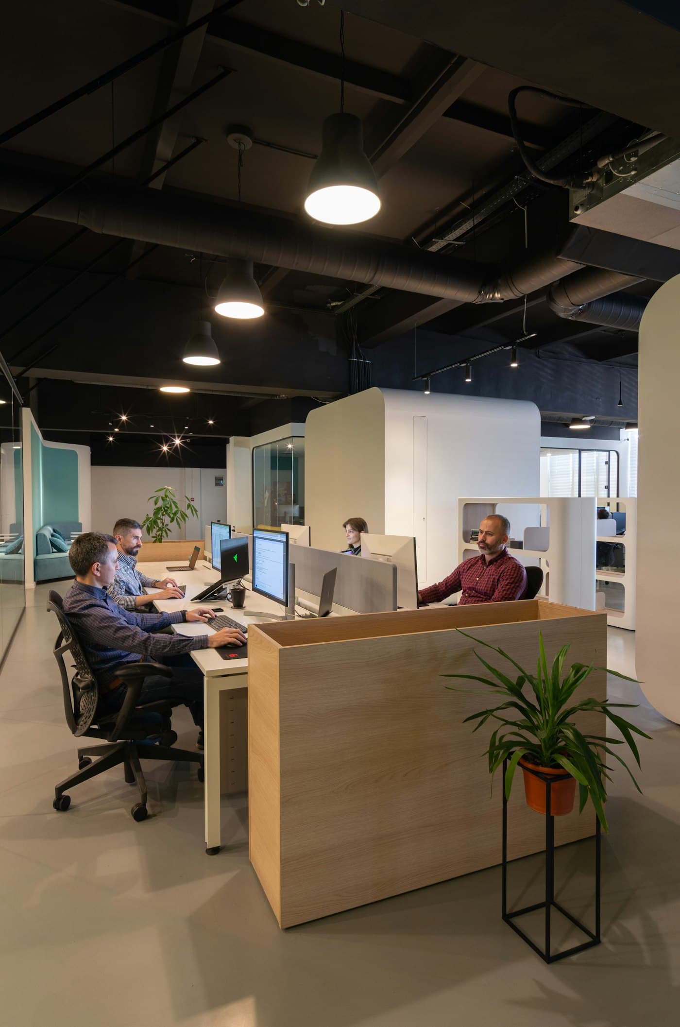 Twee medewerkers werken achter beeldschermen in een licht mkb-kantoor met planten